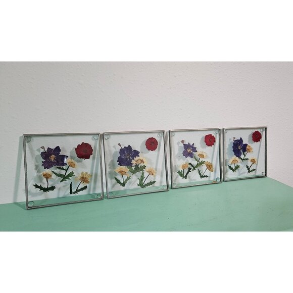 Pressed Flower Glass Drink Coast Set With Holder - Picture 5 of 7